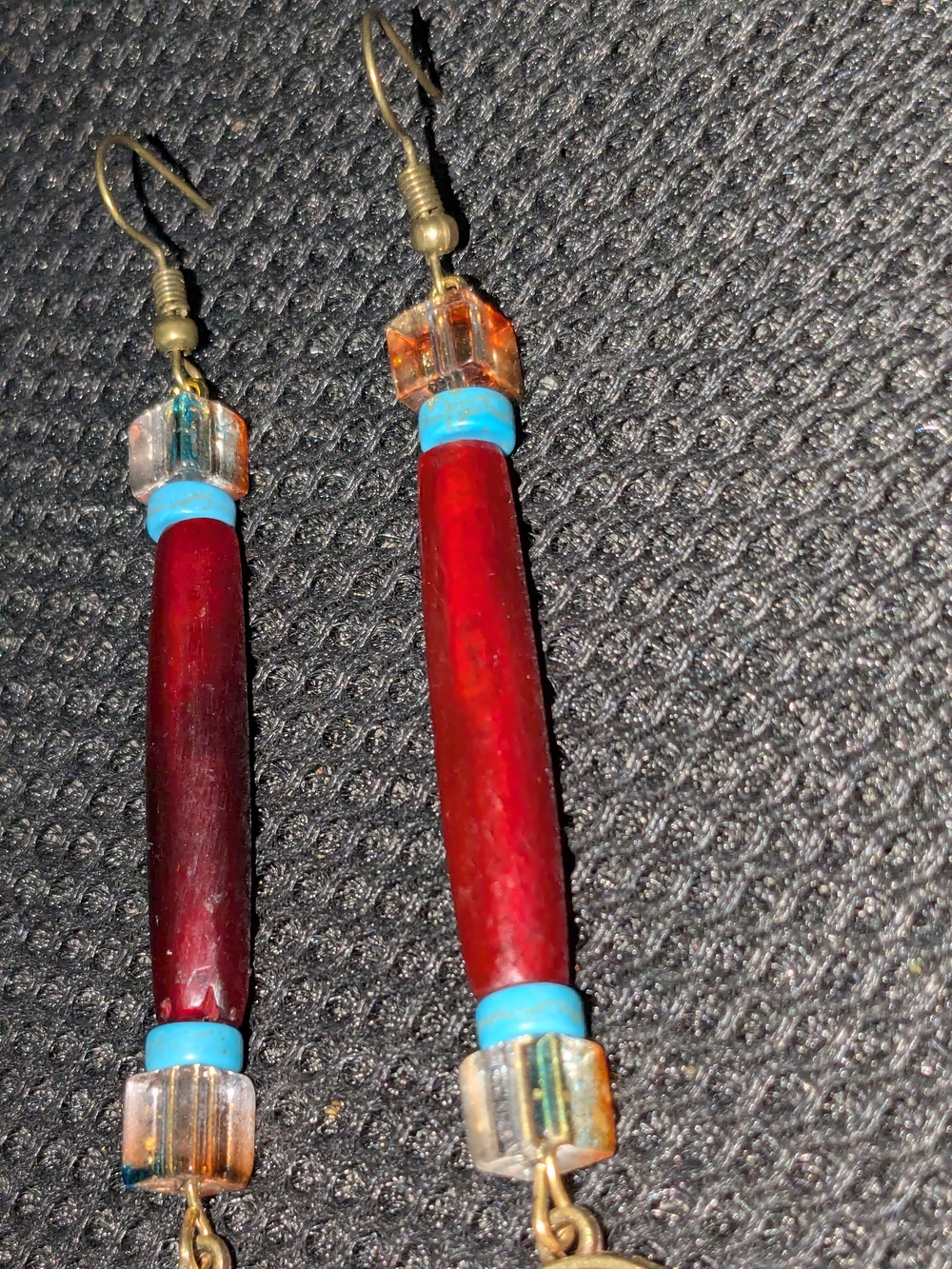 Indigenous Red Buffalo Bone Hairpipe Turquoise Drop Earrings Bison Chief Pendant - Picture 3 of 9